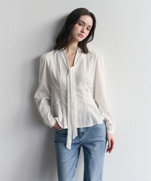 브이넥 플리츠 타이 블라우스 (화이트)