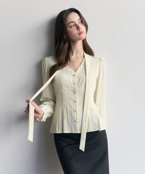 브이넥 플리츠 타이 블라우스 (버터)