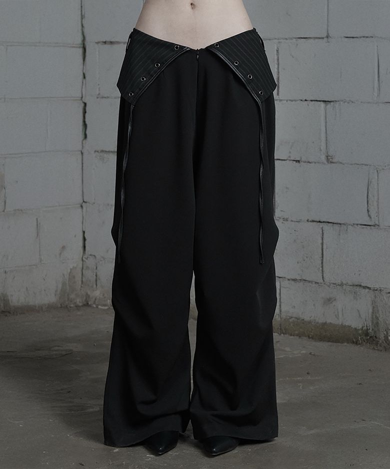 Panel Line Shirring Wide Slacks (Black)