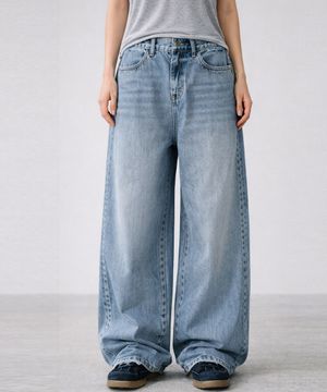 사이드 핀턱 와이드 데님 팬츠_블루