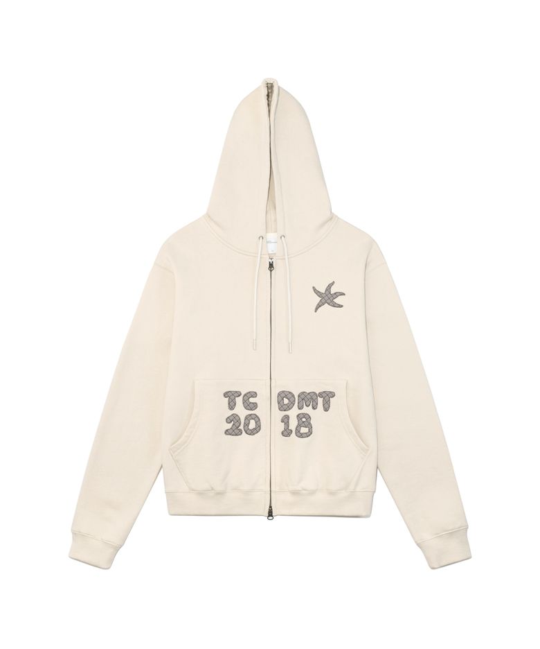 TCM logo applique hooded zip-up (oatmeal)