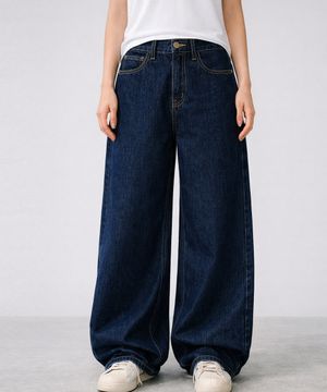 사이드 핀턱 와이드 데님 팬츠_다크블루