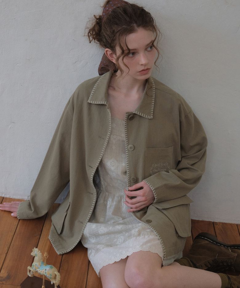 Melo Embroidered Work Jacket_Light khaki(O26OT02)
