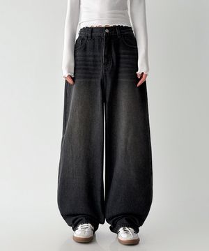 블러 워시드 벌룬 와이드 데님 팬츠_블랙