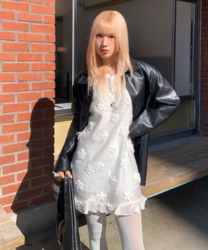 Flower volume ribbon dress IVORY