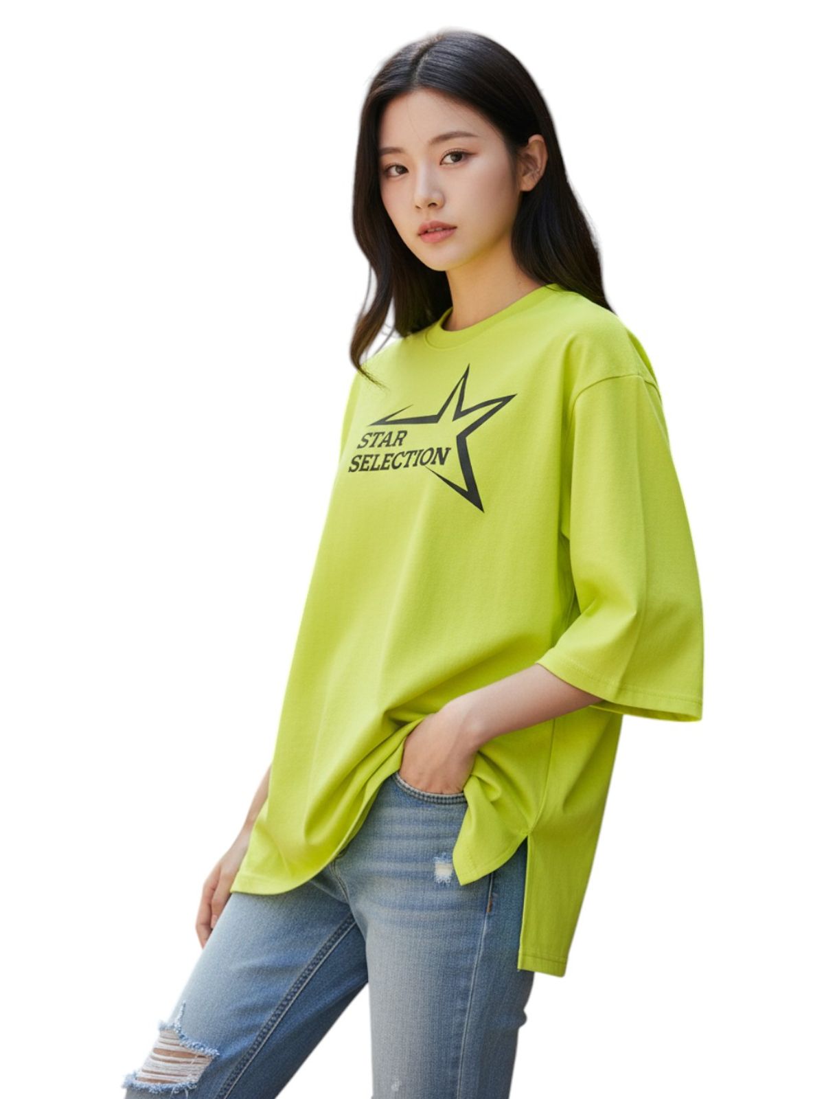 지블랙(ZBLACK) 스타셀렉션 빅 로고  7부 티셔츠(NEON YELLOW)