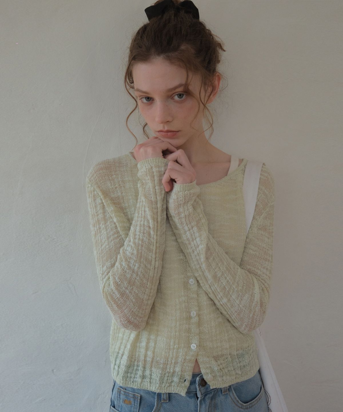 아우어노스텔지아(OURNOSTALGIA) Milky Slub Round Cardigan_Milk green(OC26KN16)
