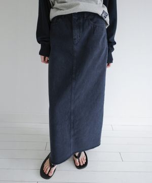 Rear-Slit Denim Long Skirt - Stone Navy