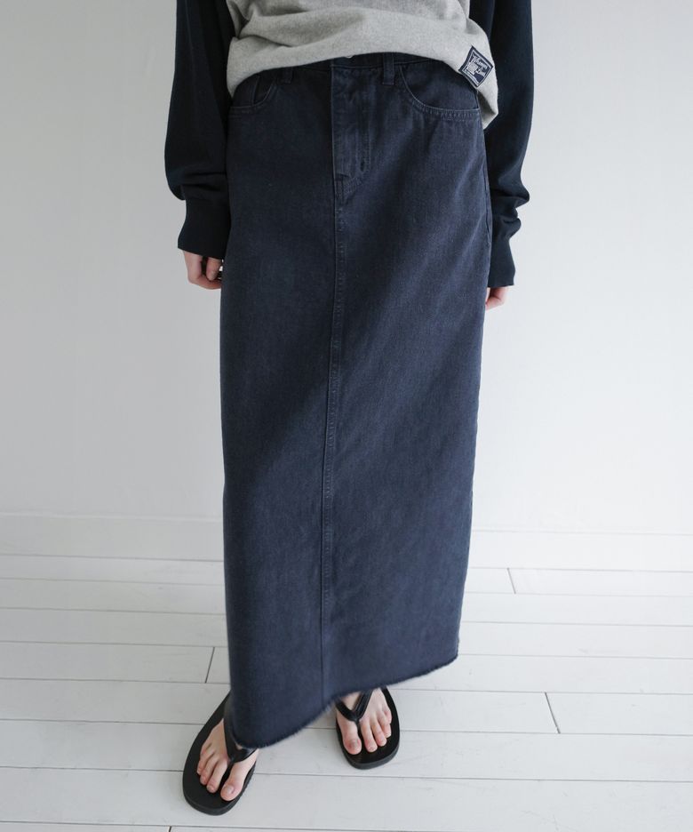Rear-Slit Denim Long Skirt - Stone Navy