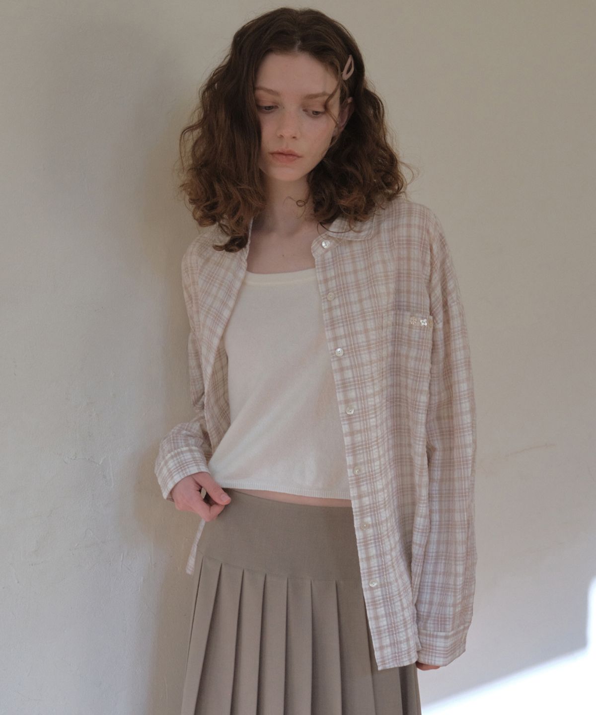 아우어노스텔지아(OURNOSTALGIA) Marais Seersucker Check Shirt_Pink(O26SH01)