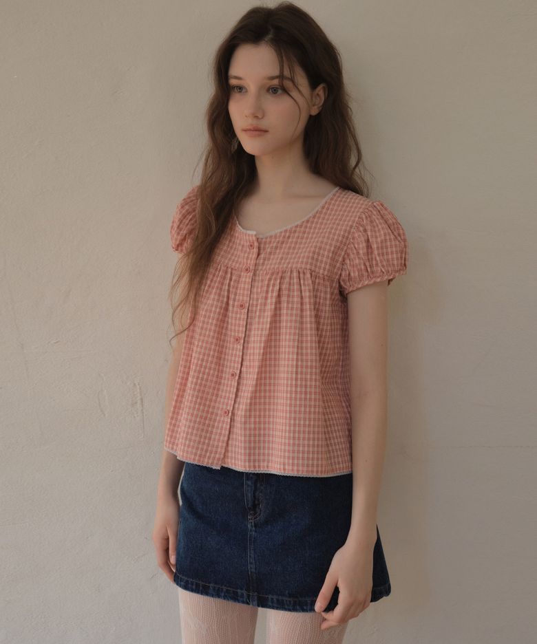 Fina Check Shirring Blouse_Apple red(O26BL01)