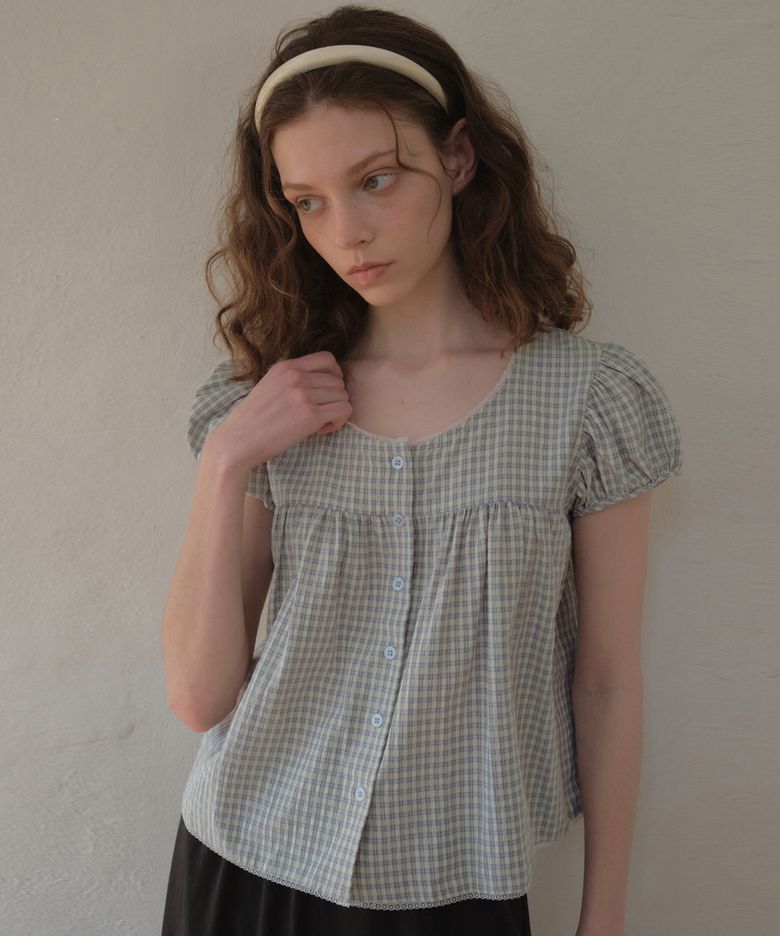 Fina Check Shirring Blouse_Lime green(O26BL01)