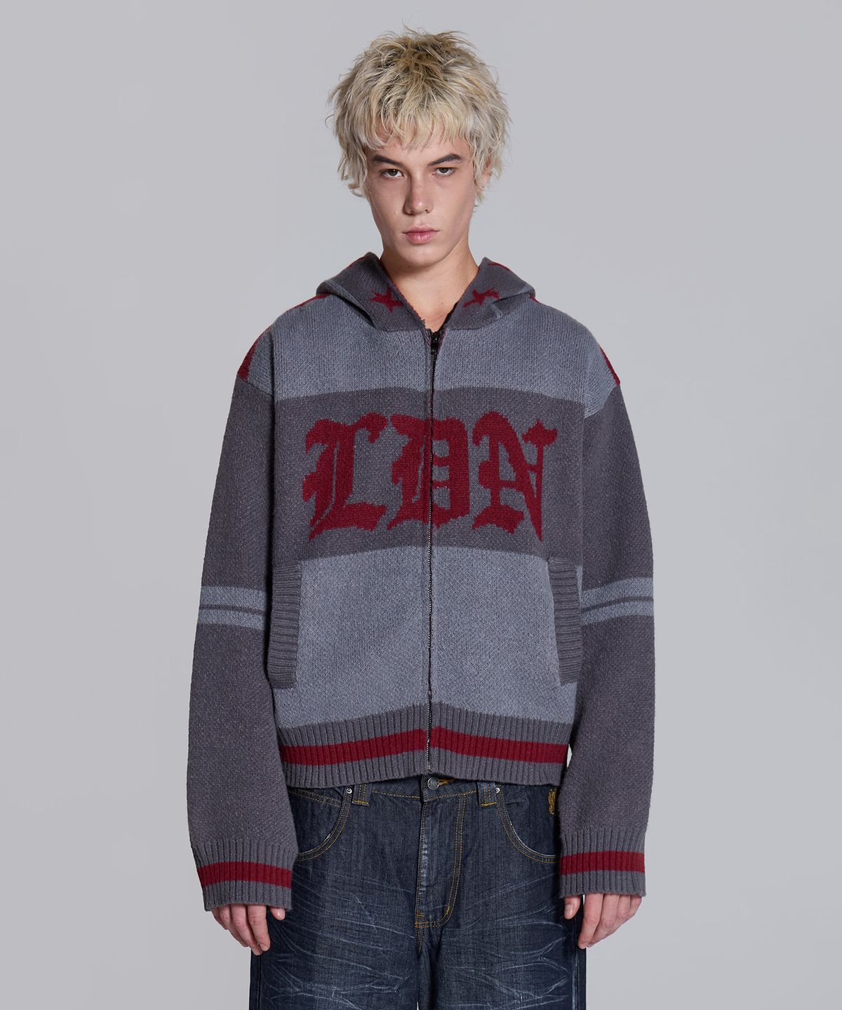 제이디드 런던(JADED LONDON) (U) LDN 후드 점퍼 그레이 레드 LDN HOODED JUMPER GREY RED
