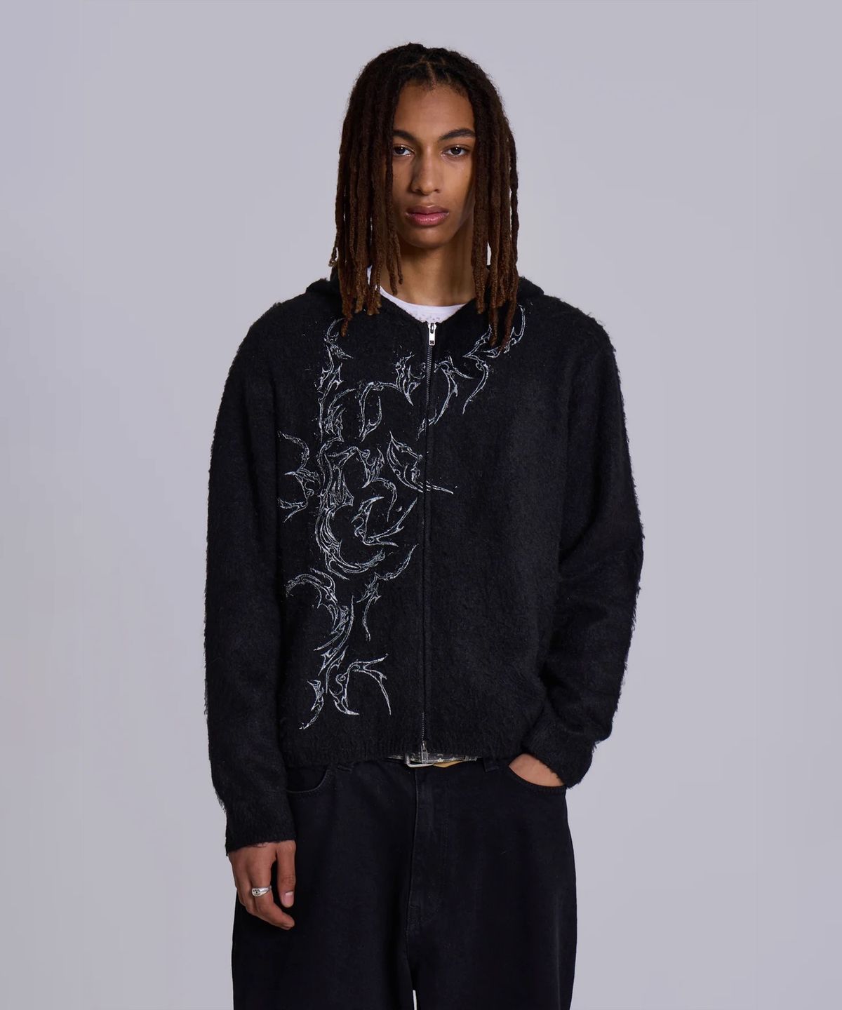 제이디드 런던(JADED LONDON) (M) 타투 집 니트 후디 블랙 TATTOO ZIP KNIT HOODIE BLACK