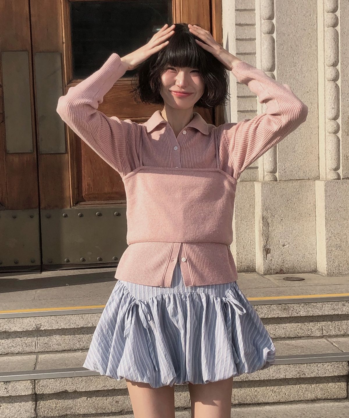 벨로엘(BELLOL) Balloon ribbon striped skirt BLUE