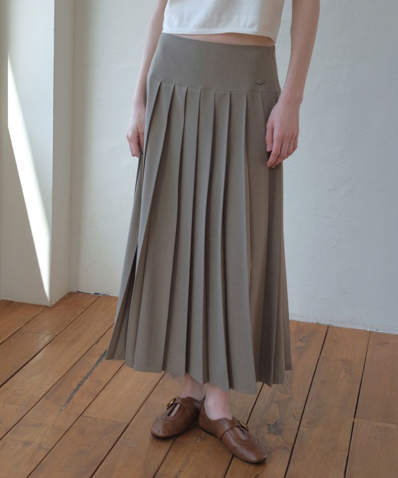 Mid Waist Pleats Long Skirt_Brown(O26SK04)