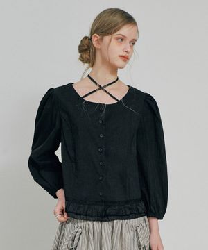 Lace puff strap blouse BLACK