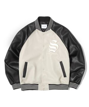 스튜디오 레더 바시티 자켓_아이보리