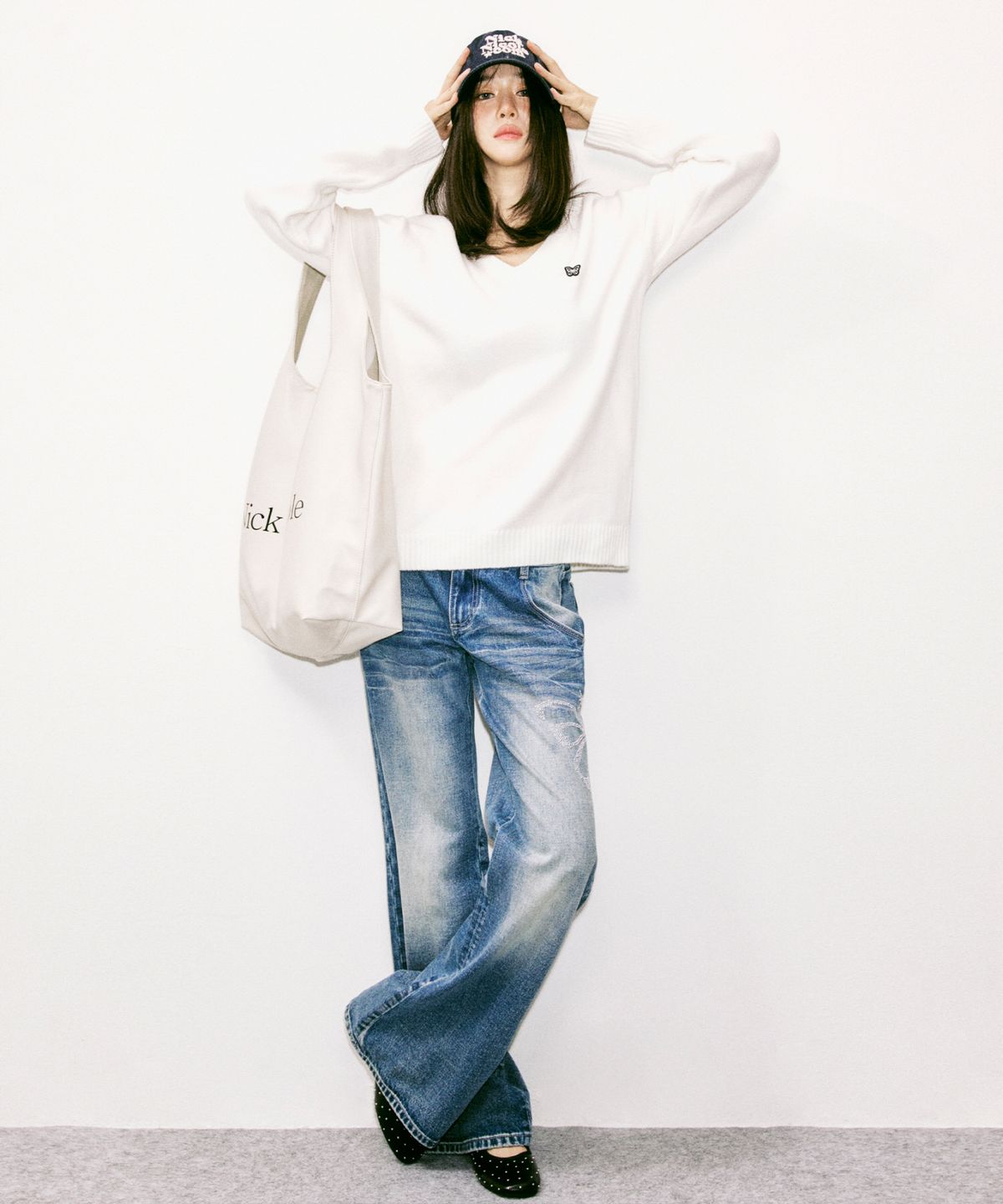 닉앤니콜(NICK&NICOLE) CRYSTAL BUTTERFLY DENIM WIDE PANTS_BLUE