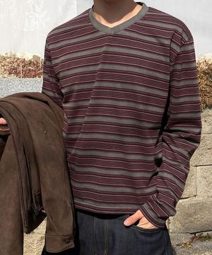 브이넥 스트라이프 롱 슬리브 : 2컬러