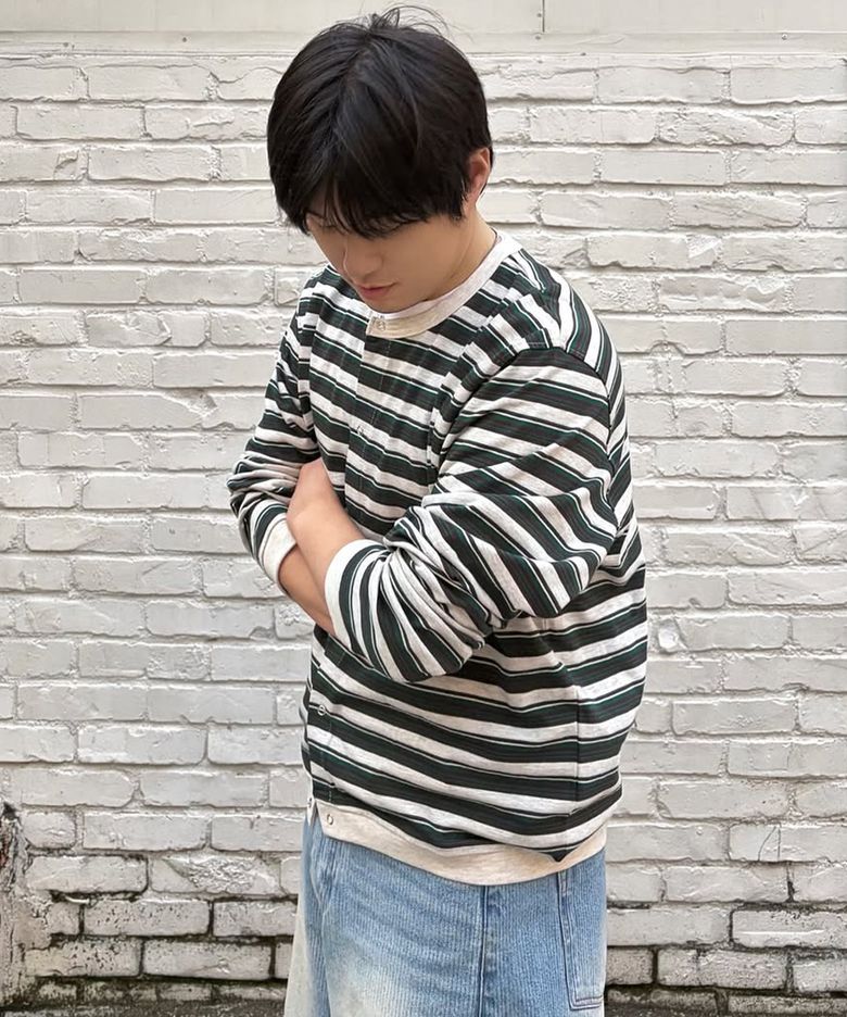 멀티 스트라이프 스냅 카디건_그린