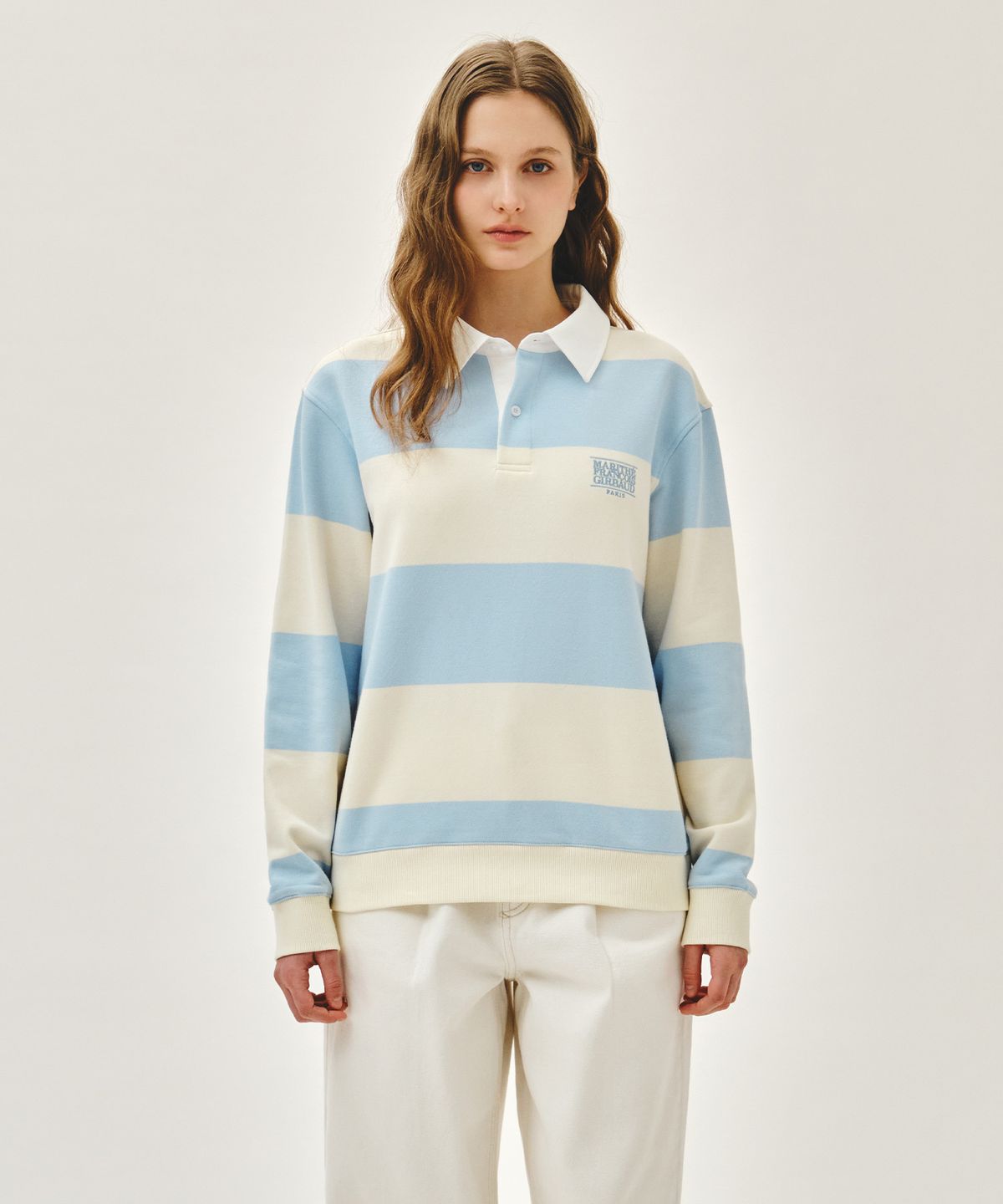 마리떼 프랑소와 저버(MARITHÉ + FRANҪOIS GIRBAUD) SMALL CLASSIC LOGO RUGBY STRIPE SWEATSHIRT sky blue