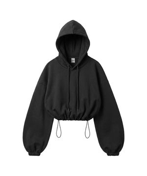 스트링 오버핏 크롭 후드 - 블랙