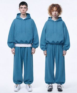 [set] 스트링 오버핏 후드 + 원턱 와이드 팬츠 - 피콕그린