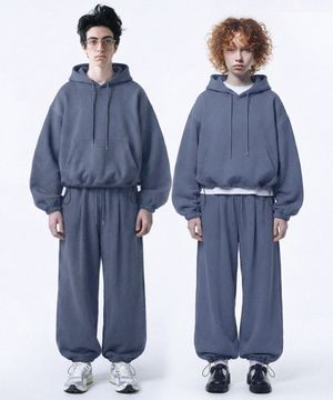 [set] 스트링 오버핏 후드 + 원턱 와이드 팬츠 - 블루그레이