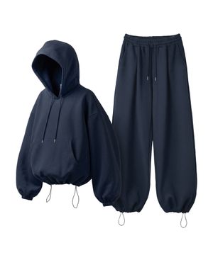 [set] 스트링 오버핏 후드 + 원턱 와이드 팬츠 - 네이비