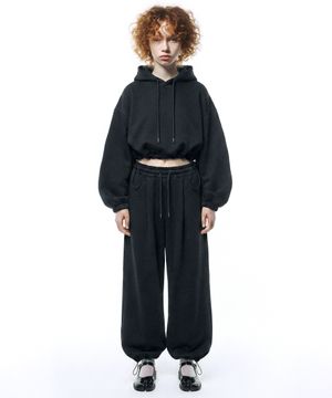 [set] 스트링 오버핏 크롭 후드 + 원턱 와이드 팬츠 - 블랙