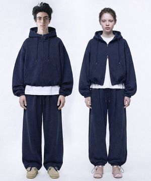[set] 스트링 오버핏 투웨이 후드 집업 + 원턱 와이드 팬츠 - 네이비