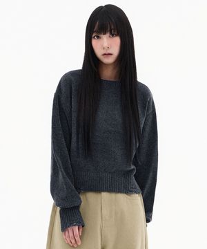 (W) 데미지드 벨벳 크롭 니트-차콜