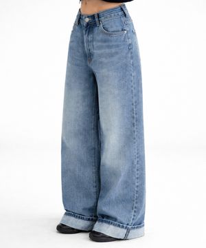 (W) 슬럽 턴업 세미 와이드 데님 팬츠-블루