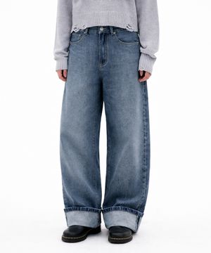 (W) 슬럽 턴업 세미 와이드 데님 팬츠-인디고