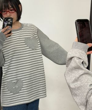 HEART DOT POCKET STRIPE LONG SLEEVE GREY