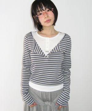 LAYERED HENRYNECK LONG SLEEVE CHARCOAL STRIPE