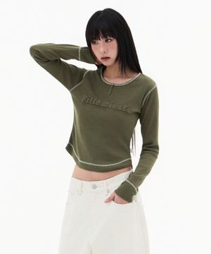 (W) 리브드 버튼 롱슬리브-카키