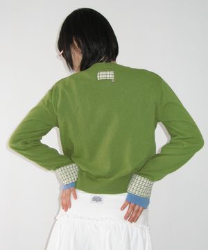 CHECK SHIRT POINTED KNIT CARDIGAN OLIVE