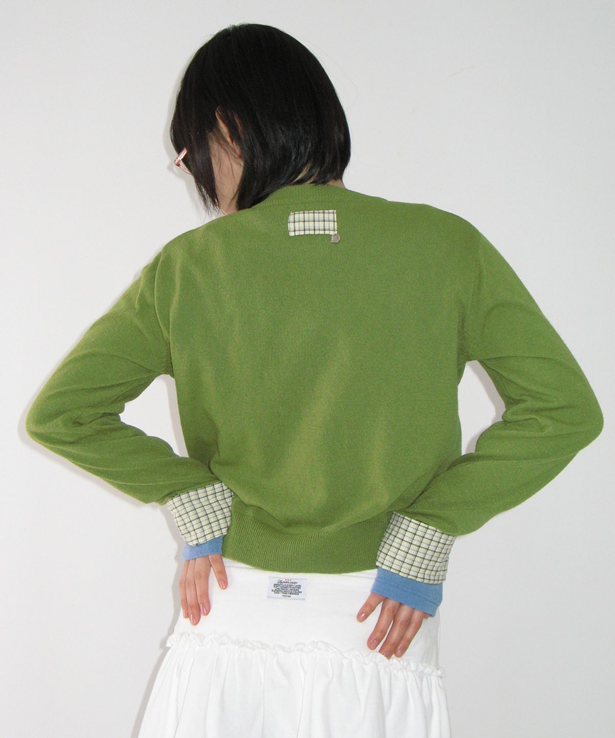 론론(RONRON) CHECK SHIRT POINTED KNIT CARDIGAN OLIVE