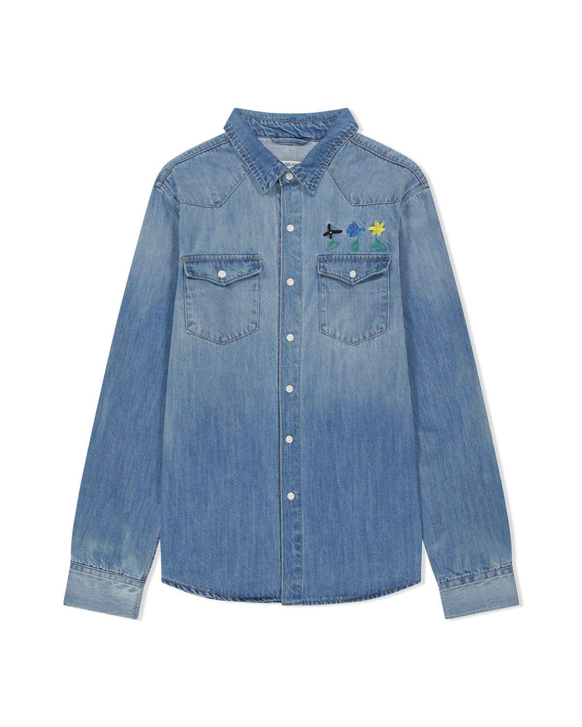 더뮤지엄비지터(THEMUSEUMVISITOR) FLOWER DENIM SHIRT (MID DENIM)