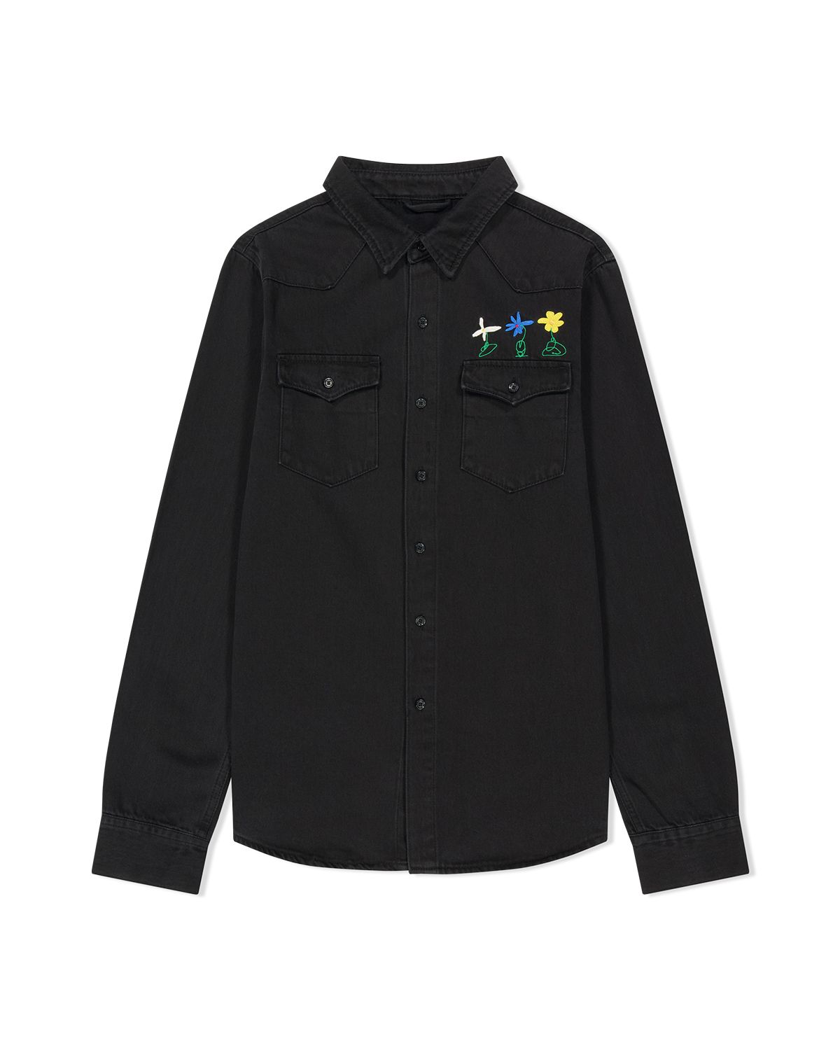 더뮤지엄비지터(THEMUSEUMVISITOR) FLOWER DENIM SHIRT (BLACK DENIM)