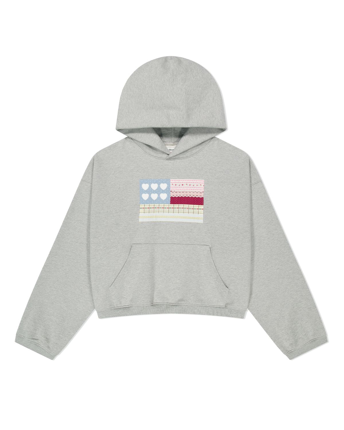 더뮤지엄비지터(THEMUSEUMVISITOR) PATCHWORK SIX HEART SWEAT HOODIE (MELANGE GREY)