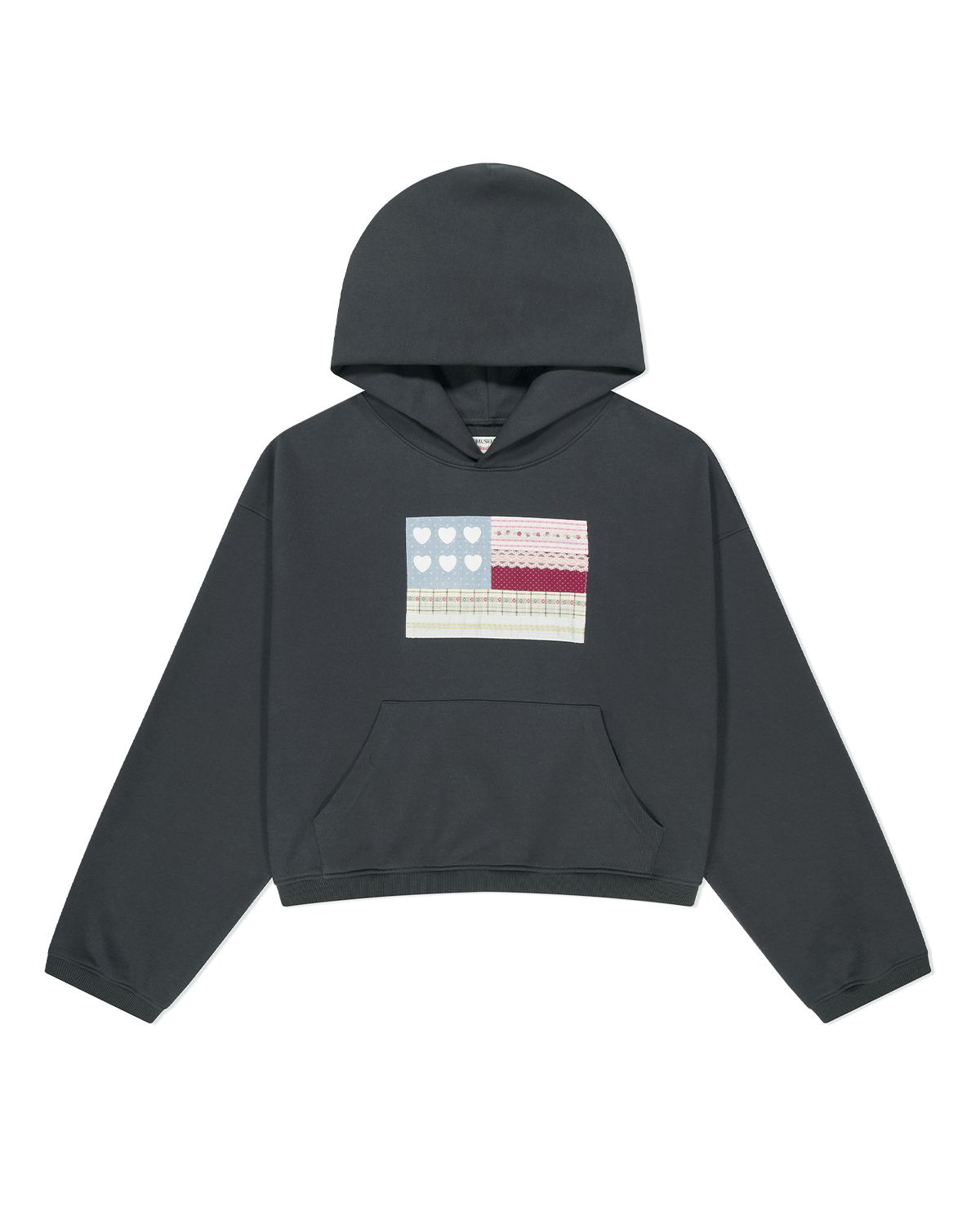 더뮤지엄비지터(THEMUSEUMVISITOR) PATCHWORK SIX HEART SWEAT HOODIE (CHARCOAL)