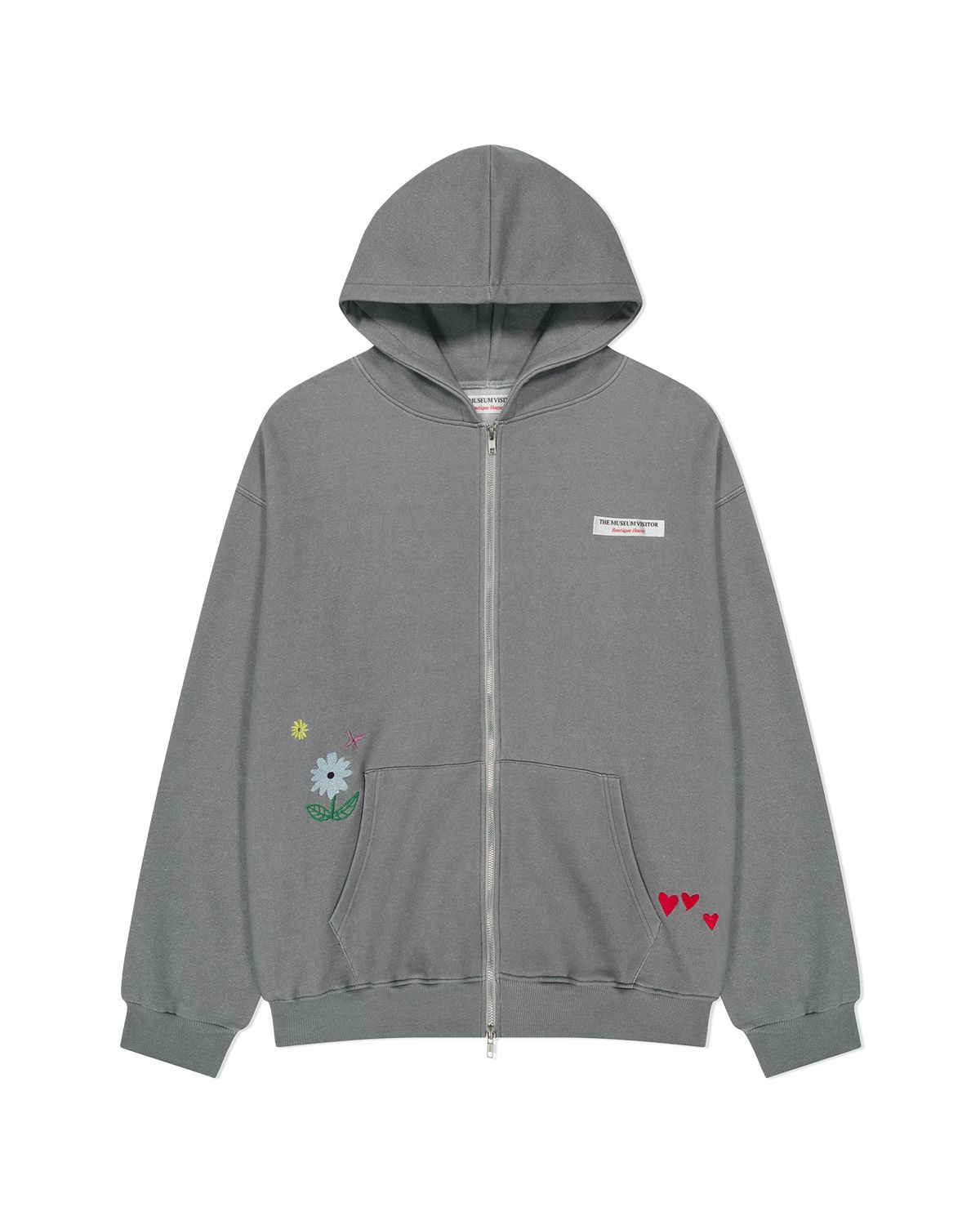 더뮤지엄비지터(THEMUSEUMVISITOR) SYMBOL EMBROIDERED HOODIE ZIP UP (MELANGE GREY)