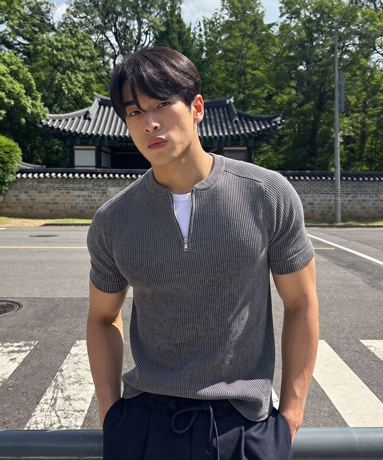 새들 리브드 머슬핏 하프 집업 니트 멜란지 그레이