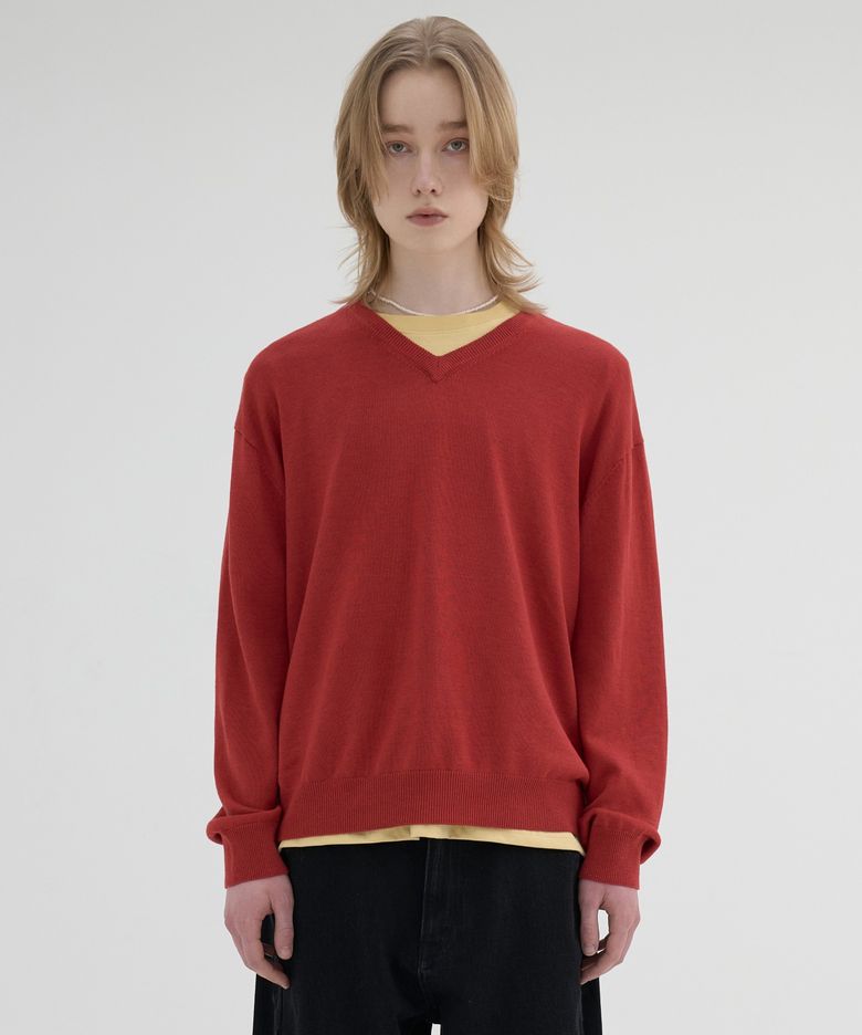 crop V neck knit (red)