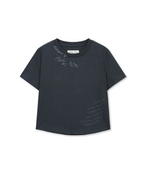 GRAFFITI ROUND HEM CROP TOP IN NAVY