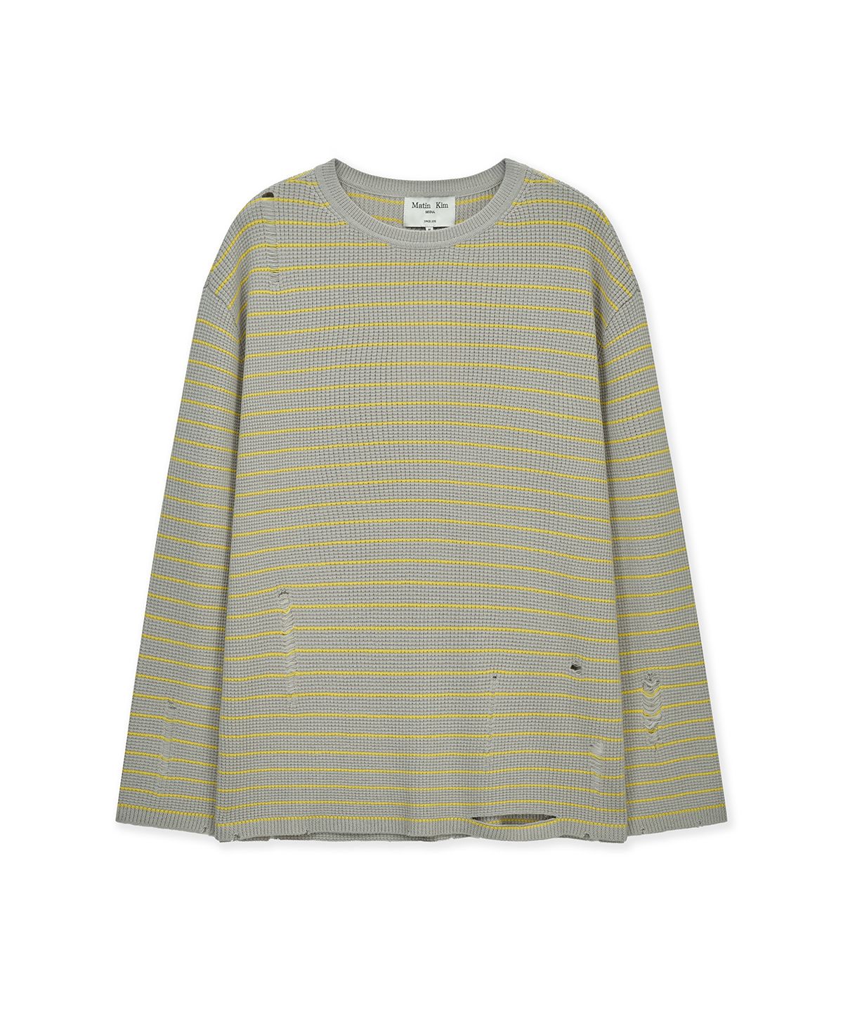 마뗑킴(MATIN KIM) STRIPE DAMAGED LOOSE PULLOVER IN BEIGE