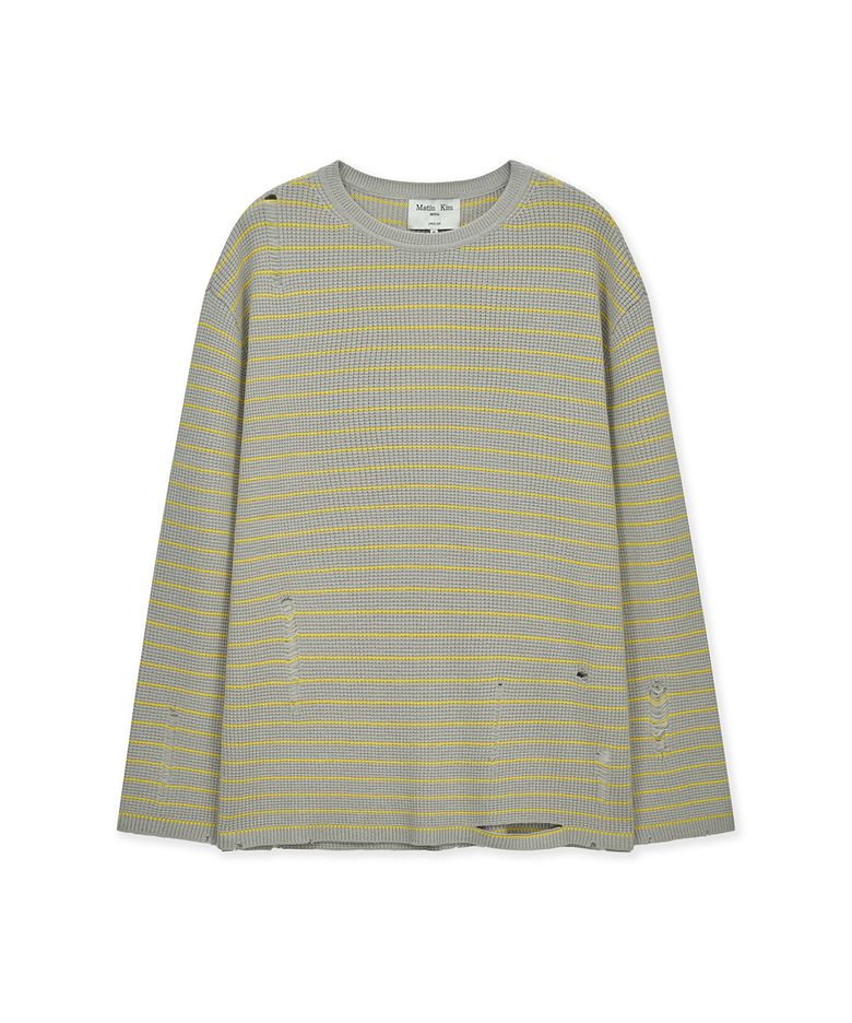 STRIPE DAMAGED LOOSE PULLOVER IN BEIGE